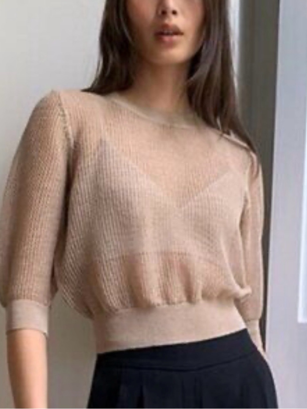 Aritzia Babaton Lucida Open Weave Mesh Knit Pullover in Tan Camel XXS